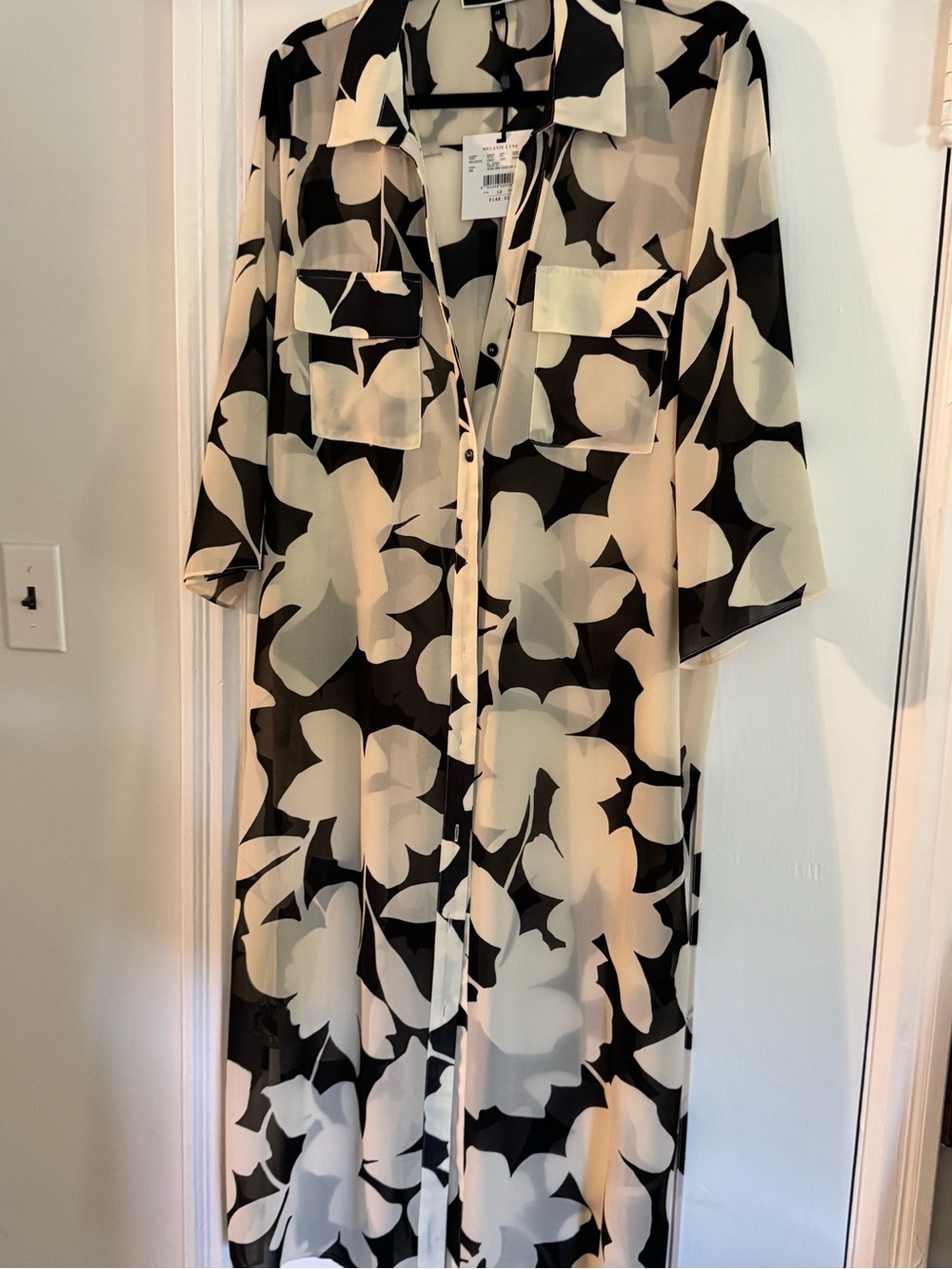 Floral Button-Front Maxi Shirt Dress in Black and Cream Melanie lyne
